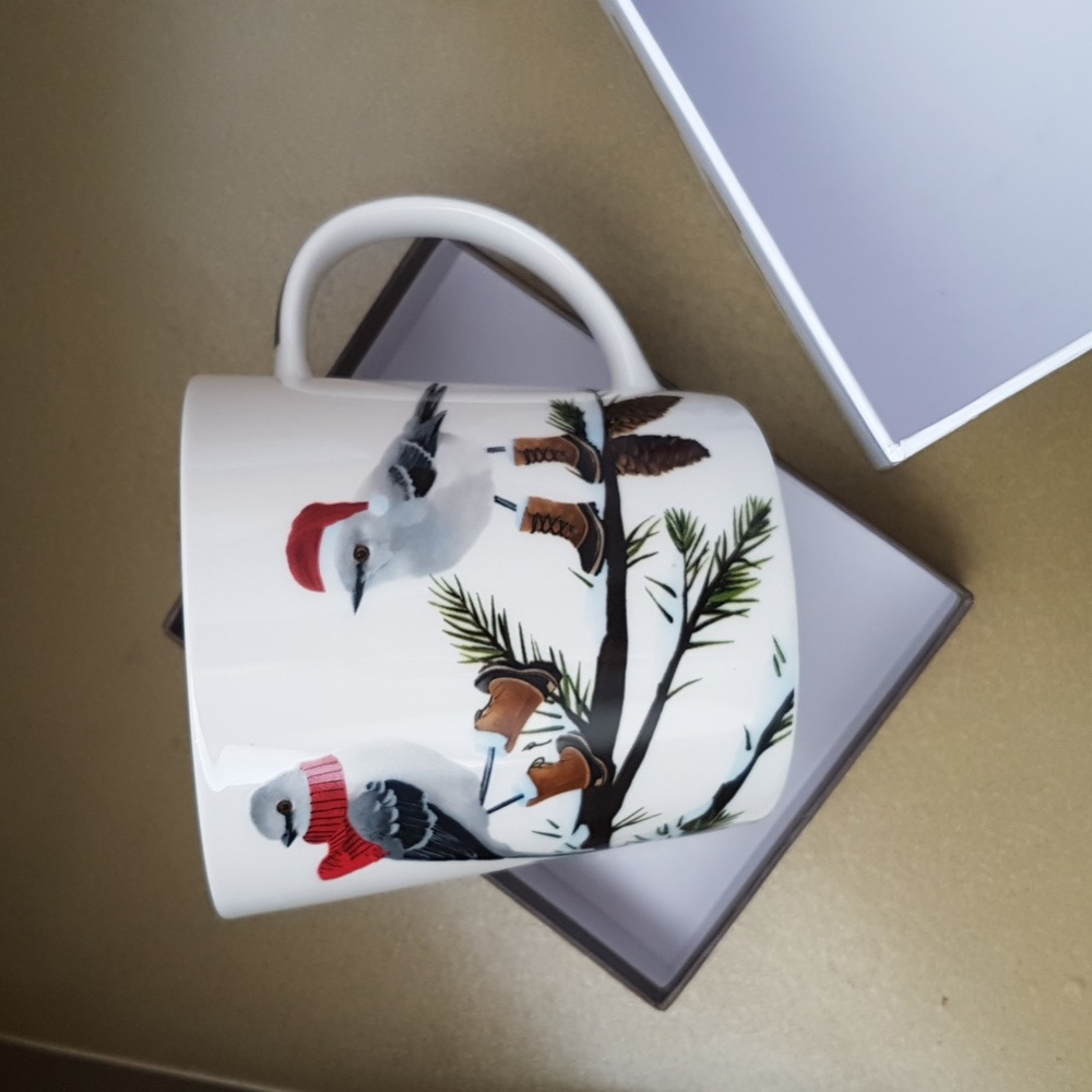 NIB - Winter Holiday Mug - Birds wearing Hats and Boots!
